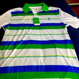 Men’s golf shirt, size small, Izod stretch seams, whit/blue/grenn strips